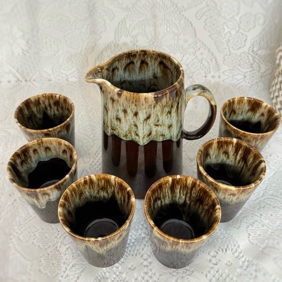 Brown Drip Glaze Pottery Pitcher & Glasses Set - Picture 2 of 3